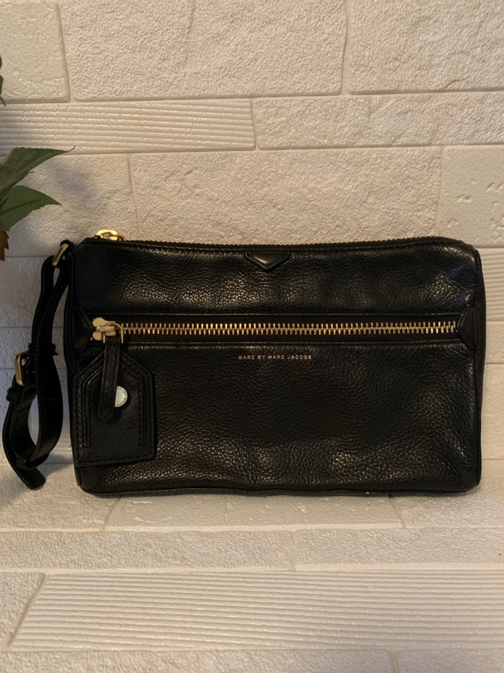 Marc by Marc Jacobs Black Leather Wristlet with Gold Zipper